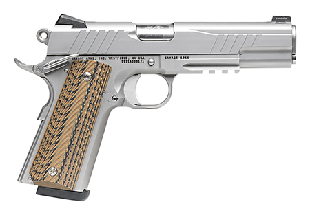 Savage Arms 67209 1911 Government 9mm Luger 10+1 5" Stainless Target Crown Steel Barrel, Serrated Stainless Steel Slide  &  Frame w/Beavertail  &  Picatinny Rail, Hyena Brown G10 Grip, Ambidextrous