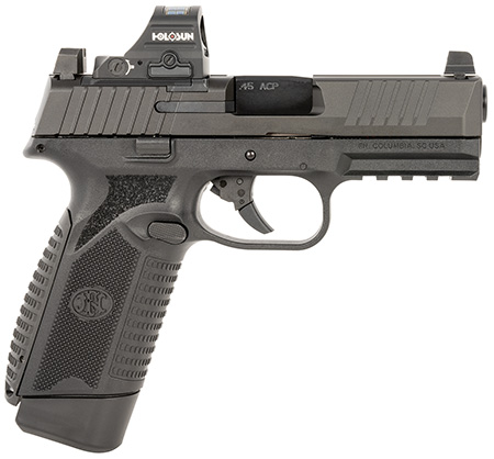 FN 66101917 545 MRD w/Optic Full Size 45 ACP 10+1 4.10" Black Target Crown Steel Barrel, Black PVD Optic Cut/Serrated Steel Slide  &  Polymer Frame w/Picatinny Rail, Holosun 407C Red Dot, Ambidextrous