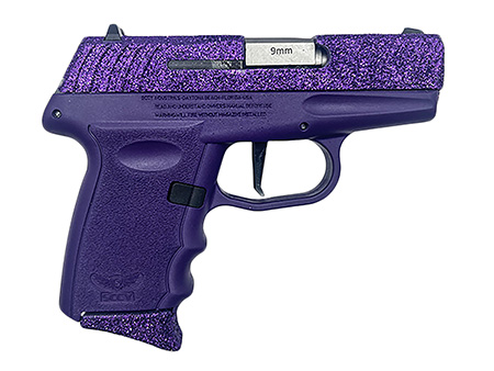 SCCY Industries DVG1RPPU DVG-1  Sub-Compact Frame 9mm Luger 10+1 3.10" Stainless Quadlock Barrel, Purple Glitter Optic Ready/Serrated Stainless Steel Slide, Royal Purple Polymer Frame  &  Grip