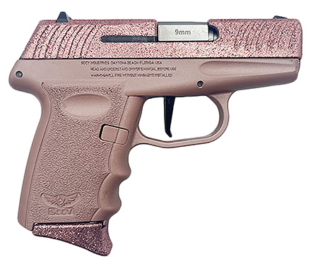 SCCY Industries DVG1RGRG DVG-1  Sub-Compact Frame 9mm Luger 10+1 3.10" Stainless Quadlock Barrel, Rose Gold Glitter Optic Ready/Serrated Stainless Steel Slide, Rose Gold Polymer Frame  &  Grip