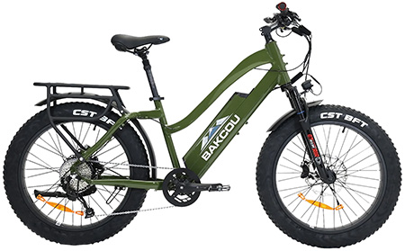 Bakcou E-bikes B-FST24-G-B17 Flatlander ST 24 Gloss Army Green 18" w/Stand Over Height of 26"/Frame Shimano Alivio Hill-Climbing 9 Speed Bafang 750W High-End Rear Hub Motor 25+ mph Speed