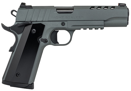 Tisas 10100538 1911 Night Stalker Full Size 9mm Auto 9+1 5" Steel Barrel, Ported/Serrated Steel Slide, Platinum Grey Cerakote Steel Frame w/Beavertail  &  Picatinny Rail, Ambidextrous