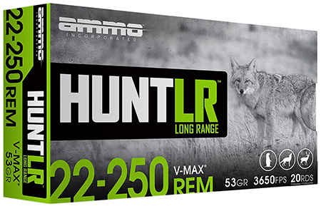 Ammo Inc 22250053VMXA20 Hunt Long Range 22-250Rem 53gr V-Max 20 Per Box/10 Case