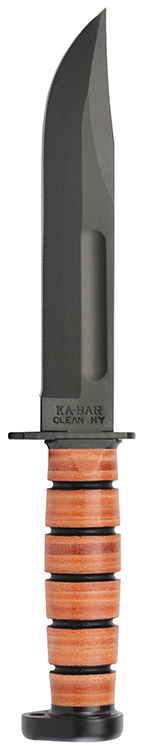 Ka-Bar 1317 Dog's Head Utility Knife 7" Fixed Clip Point Plain Black 1095 Cro-Van Blade, Brown Leather Handle, Includes Sheath