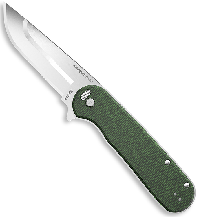 Outdoor Edge VX330B Razor VX3 EDC 3" Folding Drop Point Plain Satin 420J2 SS Blade, Green Micarta Handle