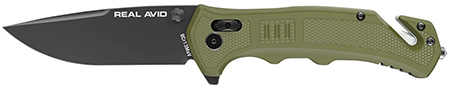 Real Avid AVRAV4 RAV-4  3.25" Folding Drop Point Plain Black Oxide 8Cr13MoV SS Blade, OD Green Textured GFN Handle, Clamshell Pkg