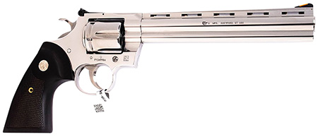 Colt Mfg PYTHONSP8WTS Python  357 Mag/38 Special 6 Shot 8" Polished Stainless Steel Vent Rib Barrel, Cylinder  &  Frame, Walnut w/Medallion Grip, Exposed Hammer