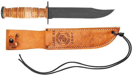 Case 00334 USMC  7" Fixed Clip Point Plain Blackened Carbon Steel Blade, Grooved Leather Handle