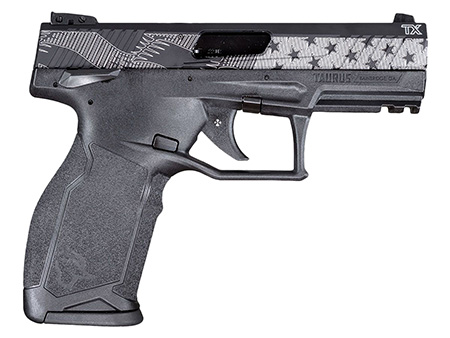 Taurus 1-TX2214110US1 TX22  Full Size Frame 22 LR 10+1 4.10" Matte Black Alloy Steel Barrel, Matte Black w/Stars  &  Stripes Serrated Slide, Black Polymer Frame w/Picatinny Rail, Textured Grip
