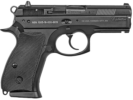 CZ-USA 01199 P-01 Compact Compact Frame 9mm Luger 10+1, 3.75" Blued Steel Barrel, Black Serrated Steel Slide, Black Polycoat Aluminum Frame w/Beavertail, Black Rubber Grip
