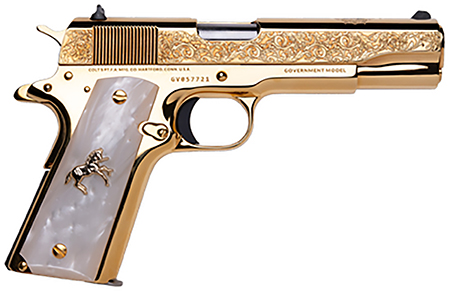 Cnc Firearms CNCELRANCH Colt 1911 El Ranchero 38 Super 7+1 5" Stainless Steel Barrel, 24K Gold Plated Serrated w/Engraved Scrollwork Slide, 24K Gold Plated Steel Frame, Mother of Pearl Grip