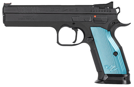CZ-USA 01220 TS 2  9mm Luger 10+1 5.28" Black Steel Barrel, Black Nitride Serrated Slide, Black Steel Frame w/Beavertail, Blue Textured Aluminum Grip