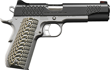 Kimber Mfg, Inc 3000351 Aegis Elite Custom 45 ACP 8+1 5" Stainless Match Grade Barrel, KimPro II Black Serrated Stainless Steel Slide, Satin Silver Stainless Steel Frame w/Beavertail, G10 Grip