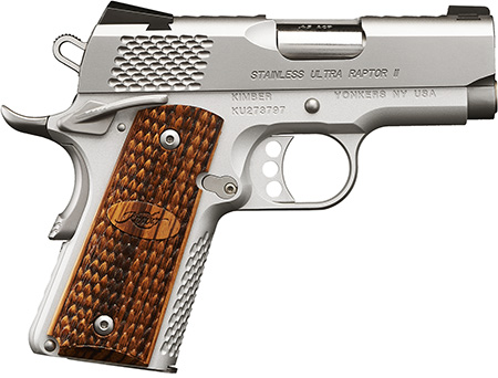 Kimber Mfg, Inc 3200374 Raptor II Ultra 9mm Luger 8+1 3" Stainless Match Grade Barrel, Satin Silver Serrated Stainless Steel Slide, Matte Silver Aluminum Frame w/Beavertail, Zebrawood Grip