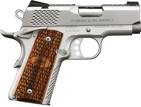 Kimber Mfg, Inc 3200375 Raptor II Ultra 45 ACP 7+1 3" Stainless Match Grade Barrel, Satin Silver Serrated Stainless Steel Slide, Matte Silver Aluminum Frame w/Beavertail, Zebrawood Grip