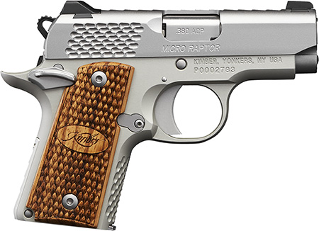 Kimber Mfg, Inc 3300084 Micro Raptor Micro Frame 380 ACP 7+1 2.75" Stainless Match Grade Barrel, Satin Silver Serrated Stainless Steel Slide, KimPro Silver Aluminum Frame w/Beavertail Zebrawood Grip