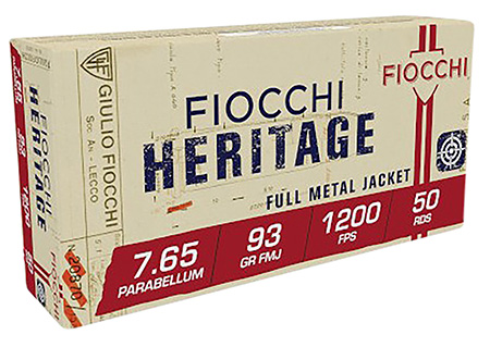 Fiocchi 765A Heritage  7.65x21mmParabellum 93gr Full Metal Jacket 50 Per Box/20 Case