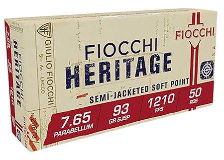 Fiocchi 765B Heritage  7.65x21mmParabellum 93gr Semi Jacketed Soft Point 50 Per Box/20 Case