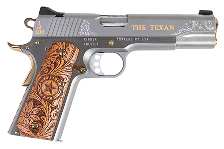 Cnc Firearms CNCTEX1911 Kimber 1911 Texan 45 ACP 7+1 5" Stainless Steel Barrel, Stainless Engraved "The Texan"/Serrated Steel Slide, Stainless Steel Frame, Texas Mesquite Grip