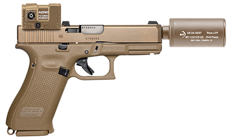 B & T Firearms HUSHPUPPYKITCTCSTM Hush Puppy Kit 9mm Luger 15+1 4" Stainless Threaded Barrel, Coyote Tan Receiver  &  Textured Grip, Includes Aimpoint Acro P-2 Red Dot, Suppressor  &  2 Mags