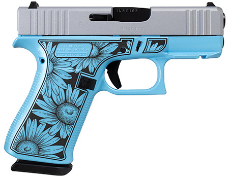 Glock UX4350204FRDAISYBLUESlim Sub-Compact Frame 9mm Luger 10+1 3.41" Black GMB Barrel, Serrated Steel Slide, Blue Cerakote Polymer Frame w/Black Daisy Laser Engraving Grip, Front Rail