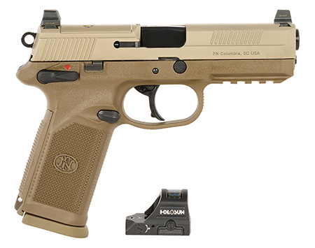 FN 66102272 FNX w/Optic 45 ACP 10rd 5.30" Black Steel Barrel, Flat Dark Earth Optic Ready/Serrated Stainless Steel Slide  &  Polymer Frame w/Picatinny Rail, Holosun 407C Red Dot, 5 Mags, Ambidextrous