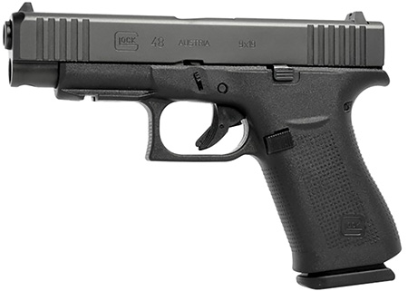 Glock PA4850201FR G48  Slim Compact Frame 9mm Luger 10+1 4.17" Black GMB Barrel, Black nDLC Serrated Steel Slide, Black Polymer Frame w/Beavertail  &  Front Rail, Black Textured Polymer Grip, Right Hand