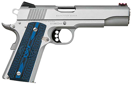 Colt Mfg O1072CCS Competition Government 9mm Luger 9+1 5" Stainless National Match Barrel, Stainless Steel Serrated Slide  &  Frame w/Beavertail, Checkered Blue G10 Grip, Ambidextrous