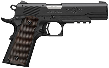 Browning 051065490 1911 Black Label Full Size Frame 22 LR 10+1 4.25" Stainless Steel Barrel, Matte Black Serrated Slide, Matte Black Polymer Frame w/Picatinny Rail, Brown Composite Grip