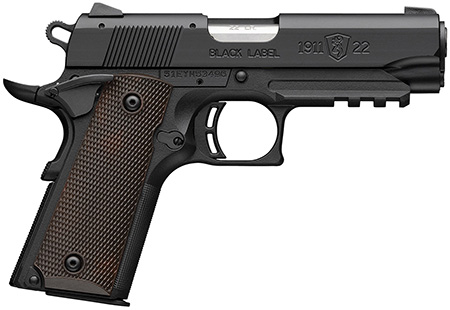 Browning 051066490 1911 Black Label Compact Frame 22 LR 10+1 3.63" Stainless Steel Barrel, Matte Black Serrated Slide, Matte Black Aluminum Frame w/Picatinny Rail, Brown Composite Grip