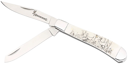Browning 3220578B Trapper Whitetail Folding Clip Point/Spey Plain Satin 12C27 Sandvik SS Blade, Engraved Wildlife Scene Natural Bone Handle, Box Packaging