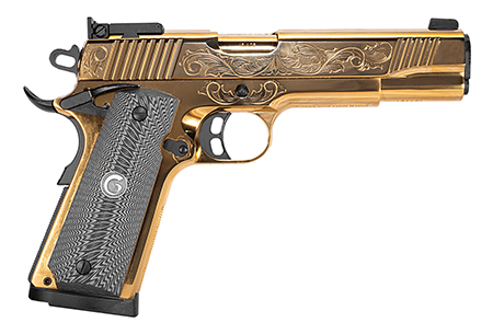 Girsan 390093 MC1911 S Lux 45 ACP 8+1 5" Gold Plated PVD Steel Barrel, Gold Finish Engraved Serrated w/Engraving Steel Slide, Gold Plated Steel Frame, Black G10 Grip