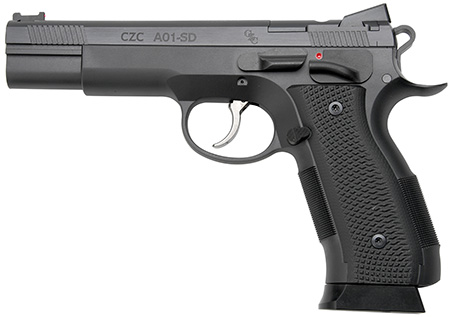 Cz Custom Shop 96333 A01-SD  9mm Luger 19+1 5" Match Grade Bull Barrel, Black Optic Cut/Serrated Steel Slide, Black Polycoat Steel Frame w/Beavertail, Black G10 Grip, Short Dustcover