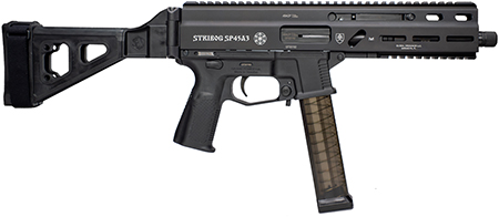 Grand Power 197892004824 SP45A3 Stribog 45 ACP 20+1 8" Black Threaded Barrel, Black Aluminum Picatinny Rail Receiver, Black SB Tactical Brace, Black Polymer Grip, Thread Protector