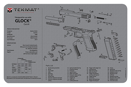 TekMat TEKR17GLOCKG4GY Glock Gen 4 Cleaning Mat Gray Rubber 11"x17" Glock Gen 4 Parts Diagram