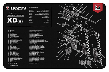 TekMat TEKR17XDS Springfield Armory XDs Cleaning Mat Black/White Rubber 11"x17" Springfield XDs Parts Diagram