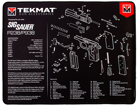 TekMat TEKR20SIGP238 Sig Sauer P238 Ultra 20 Cleaning Mat Black/White Rubber 15"x20" Sig Sauer P238 Parts Diagram