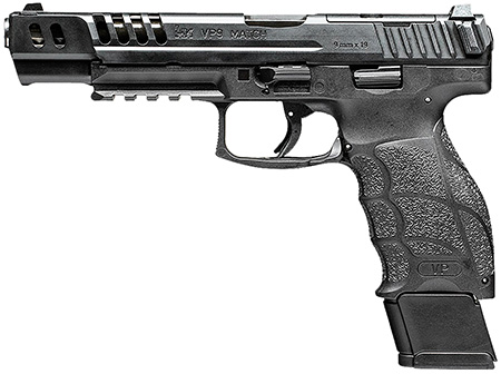 HK 81000935 VP9 Match 9mm Luger 15+1 5.51" Polygonal Rifled Barrel, Black Optic Ready/Serrated w/Ports Slide  &  Frame w/Picatinny Rail, Black Finger Grooved Polymer Grips, Ambidextrous