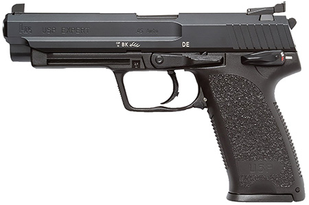 HK 81000365 USP Expert V1 SA/DA 45 ACP Caliber with 5.19" Barrel, 10+1 Capacity, Overall Black Finish, Serrated Trigger Guard Frame, Serrated Long Steel Slide  &  Polymer Grip Includes 2 Mags