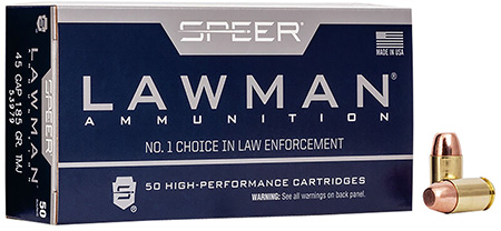 Speer 53979 Lawman  45GAP 185gr Total Metal Jacket Flat Nose 50 Per Box/20 Case
