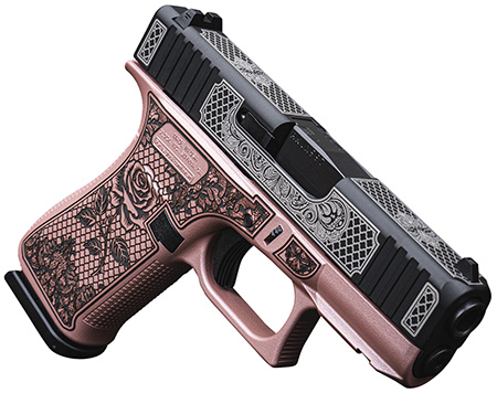 Glock UX4350204FRNGLRGSlim Sub-Compact Frame 9mm Luger 10+1 3.41" Black GMB Barrel Black w/White Scroll Cerakote, Serrated Steel Slide Rose Gold Lace w/Rose Cerakote Polymer Frame  &  Grip