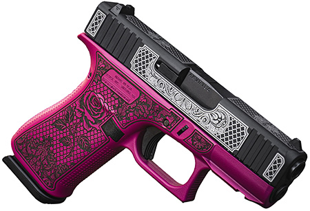 Glock UX4350204FRNGLBCSlim Sub-Compact Frame 9mm Luger 10+1 3.41" Black GMB Barrel, Black w/White Scroll Cerakote Serrated Steel Slide, Black Cherry Lace w/Rose Cerakote Polymer Frame  &  Grip