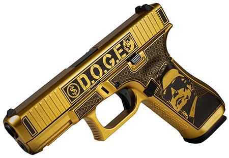 Glock PA455S204NDGE G45 Gen5 9mm Luger 17+1 4.02" Black GMB Barrel, Glamour Glock Gold Cerakote Serrated Steel Slide w/D.O.G.E., Glamour Glock Gold Cerakote Polymer Frame w/Trump  &  Elon