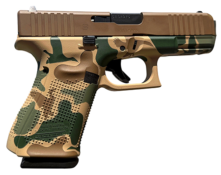 Glock PA195S204DHG G19 Gen5 Compact Frame 9mm Luger 15+1 4.02" Black GMB Barrel, Vintage Camo Brown cerakote Serrated Steel Slide, Camo Polymer Frame w/Picatinny Rail  &  Grip, Ambidextrous