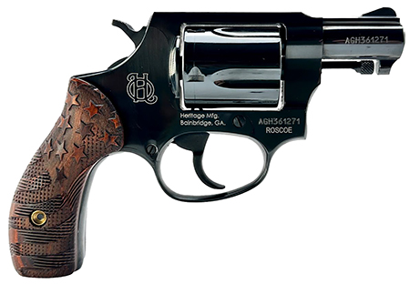 Heritage Mfg HR38B3-US1 Roscoe  Small 38 Special +P 5 Shot 3" Black Polished Alloy Steel Barrel, Cylinder  &  Frame, Custom Designed Wood Grip w/Stars  &  Stripes, Transfer Bar Safety, Exposed Hammer