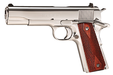 Colt Mfg O2071ELC2 Custom Government 38 Super 9+1 5" Stainless National Match Barrel, High Polished Stainless Steel Serrated Slide  &  Frame w/Beavertail, Rosewood Grip, Ambidextrous