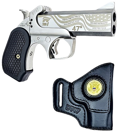 Bond Arms BADT47-SATIN DT47 Trump Limited Edition 45 Colt (Long Colt)/410 Gauge 2 Shot 4.25" Stainless w/Gold Engraving Double Barrel, Rough Matte Stainless Steel Frame, Black Extended B6 Resin Grips,