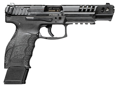 HK 81000553 VP9 Match 9mm Luger 20+1 5.51" Polygonal Rifled Barrel, Black Optic Ready/Serrated w/Ports Slide  &  Frame w/Picatinny Rail, Black Finger Grooved Polymer Grips, Ambidextrous