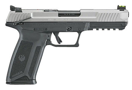 Ruger 16408 Ruger-5.7  Exclusive Finish 5.7x28mm 20+1 4.94" Black Nitride Steel Barrel, Savage Cerakote Serrated Steel Slide, Black Polymer Frame w/Picatinny Rail, Black Polymer Grip, Right Hand