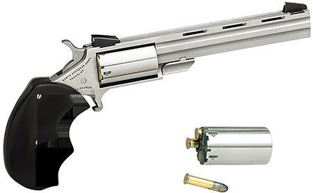 North American Arms MMC Mini-Master *CA Compliant 22 LR or 22 WMR 5rd 4" Vent Rib Barrel, Overall Stainless Steel Finish  &  Finger Grooved Black Rubber Grip Includes Cylinder